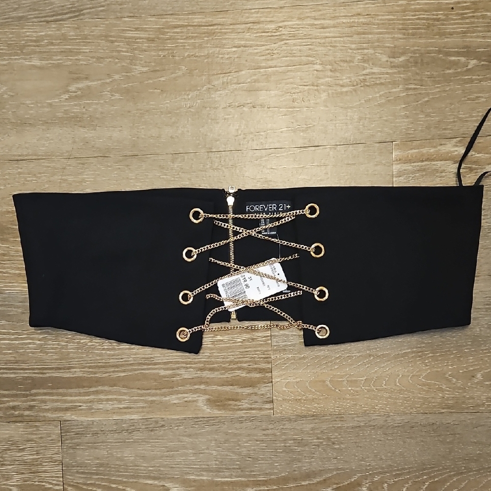 Forever 21 Black Corset Belt SZ 3X With Gold Lace Up Chains